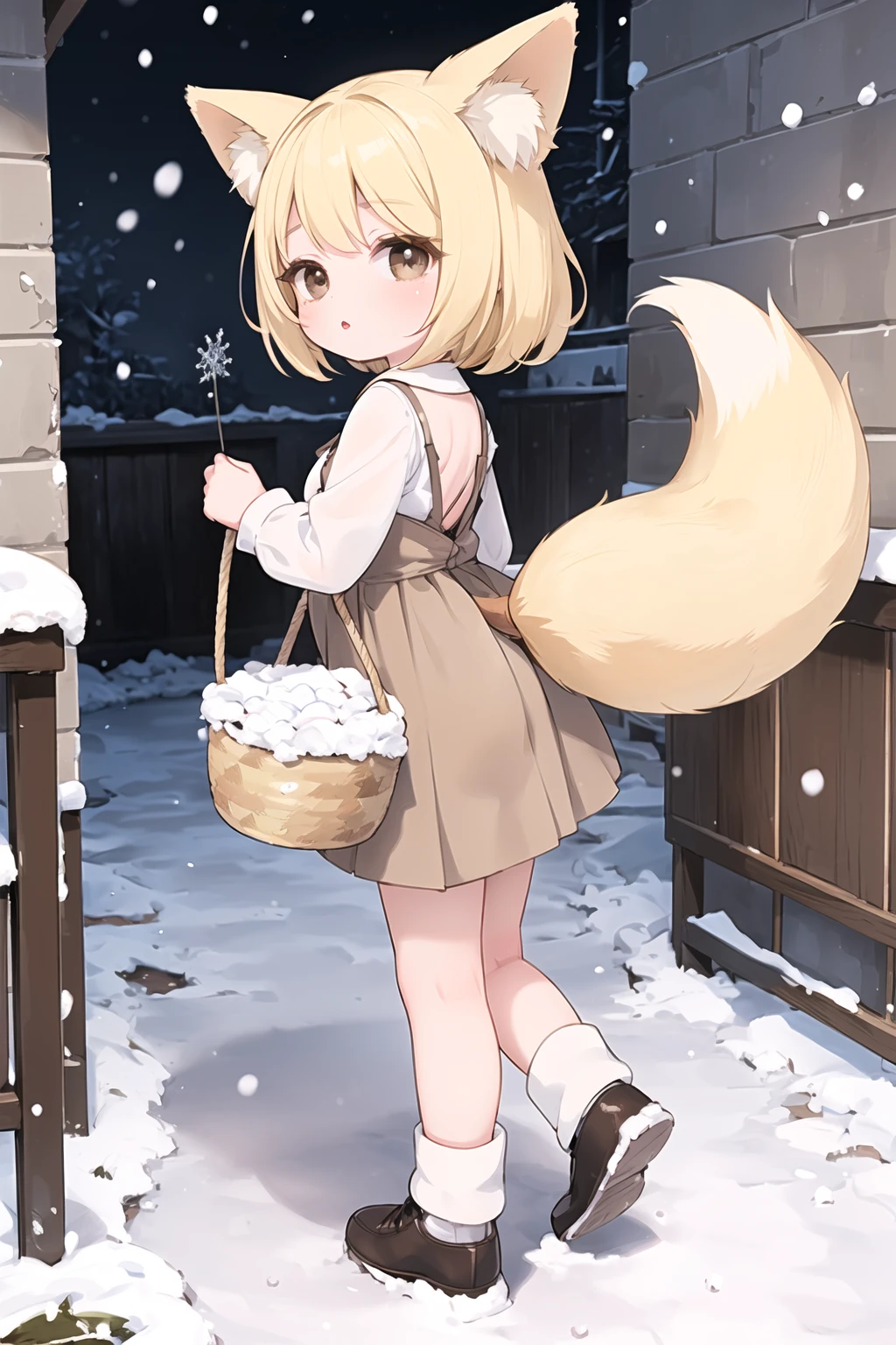 masterpiece, best quality,fox ears,fox tail,(blonde hair,blonde tail,brown eyes:1.5),eyes in highlight ,catch light eyes,specular highlight eyes,child,1girl,(small breasts:1.2),night, on the back alley,full body,holding basket,(snowing:1.2),brown dress,long sleeves,long skirt,match in the basket