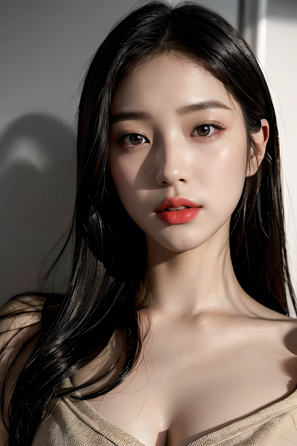 1girl, solo, korean, korea, korean girl, cute, lips, red lips, beautiful face and body, (real human skin:1.1, pores:1.1, high detailed pores skin:1.2), extremely detailed eyes and face, perfect eyes, detailed small vein skin, bright eyes, ((clear eyes:1.2)), RAW, (Masterpiece), 8k, uhd, raw photo, Best quality, Photo realistic, (film grain:1.3), (High quality shadow):1.4, professional lighting, (((cinematic light:1.3))), ((realistic lighting))