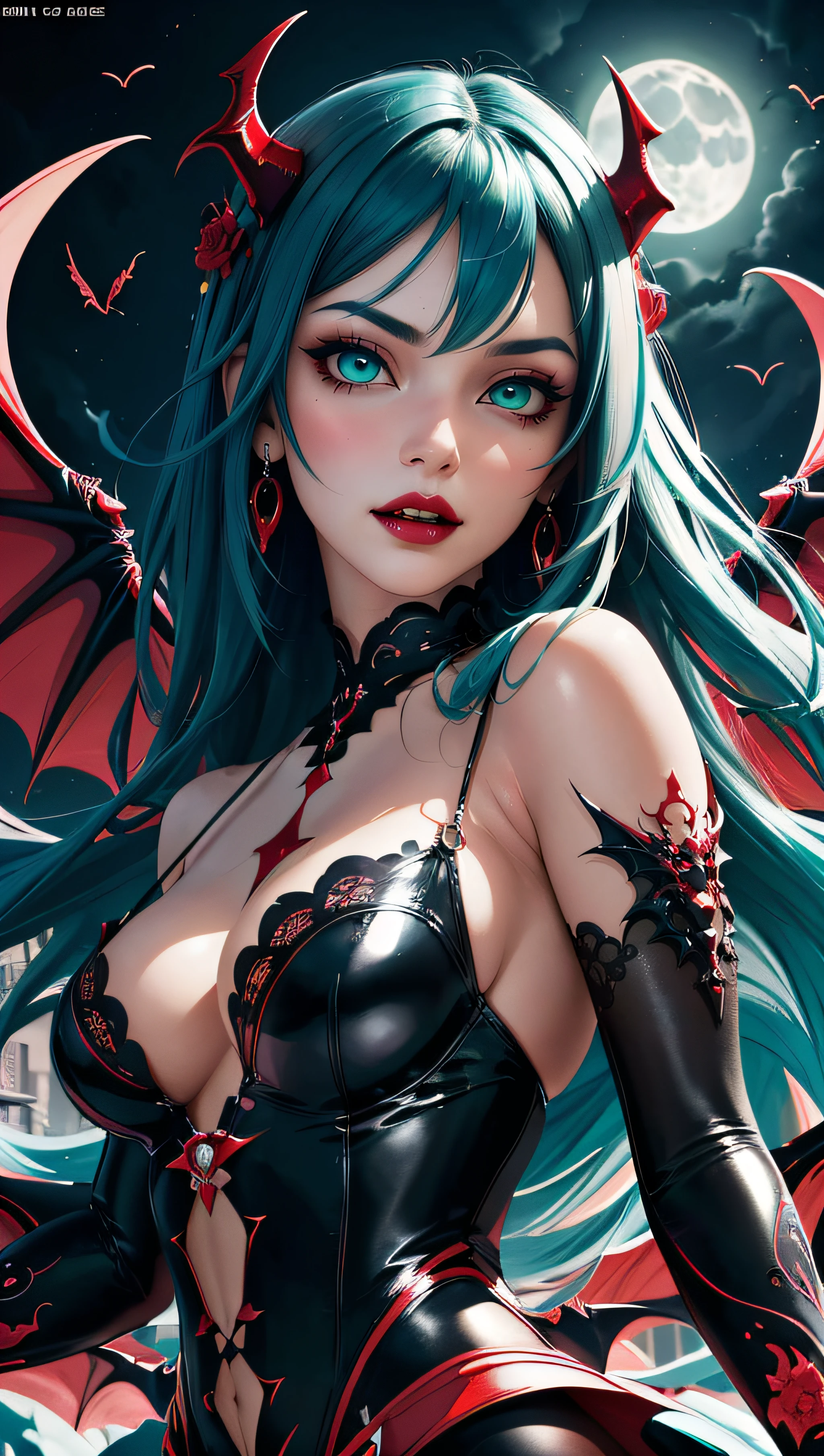(best quality, masterpiece, colorful, dynamic angle, highest detailed)upper body photo, fashion photography of cute succubus girl, gothic, large demon red wings (high resolution textures), long green hair, (abstract art), half demon, crimson cat iris, cat eyes, vampire very long fangs, (intricate details, hyperdetailed:1.15), detailed, moonlight passing through hair, (official art, extreme detailed, highest detailed),