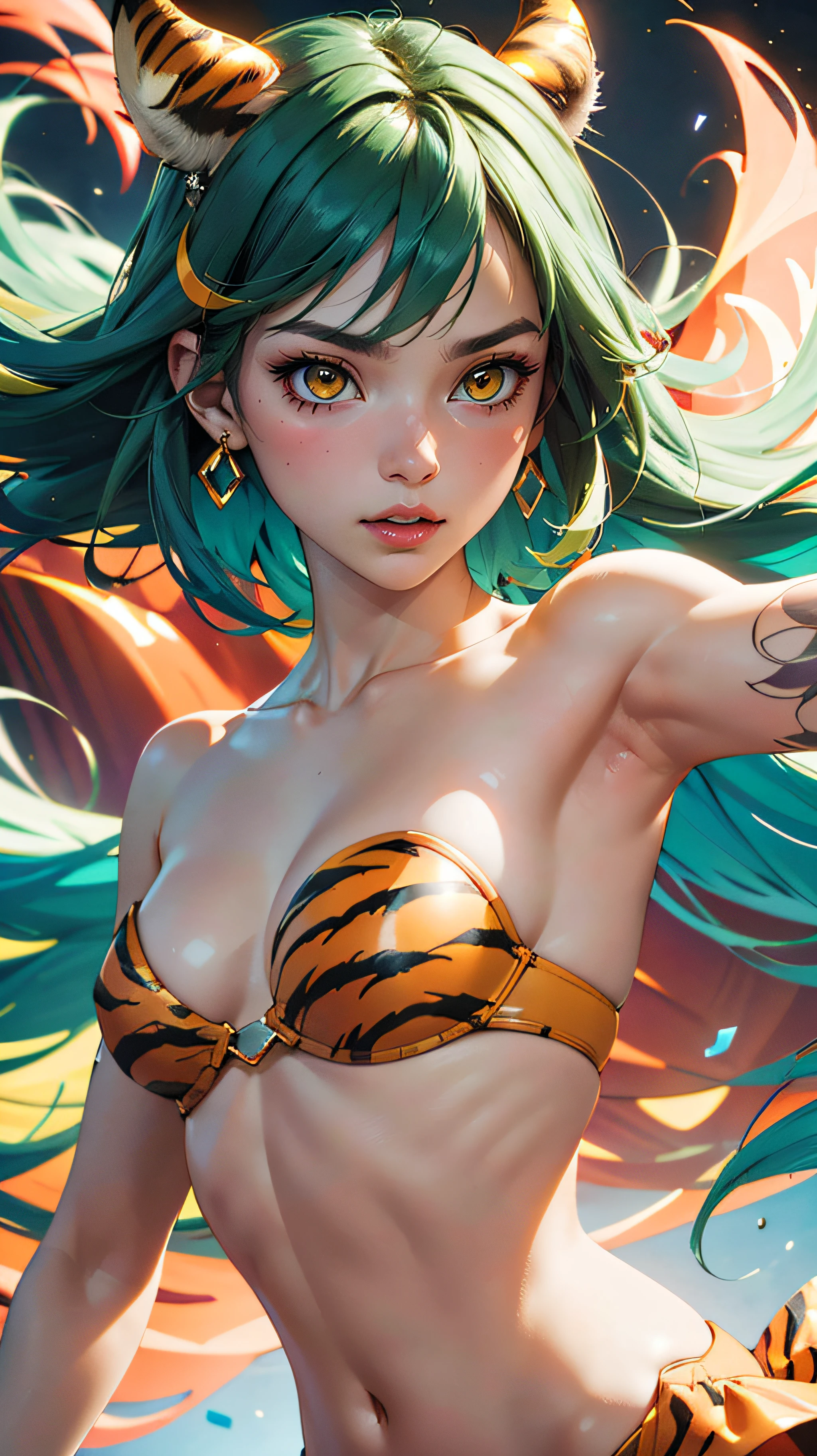 (best quality, masterpiece, colorful, dynamic angle, highest detailed)\Lum\, upper body photo, fashion photography of cute, intense green hair, orange eyes, tiger print, strapless bikini, yellow boots, yellow little small horns, \Lum\,(ultrahigh resolution textures), in dynamic pose, bokeh, (intricate details, hyperdetailed:1.15), detailed, light passing through hair, colorful art flat background, electric aura, (official art, extreme detailed, highest detailed),