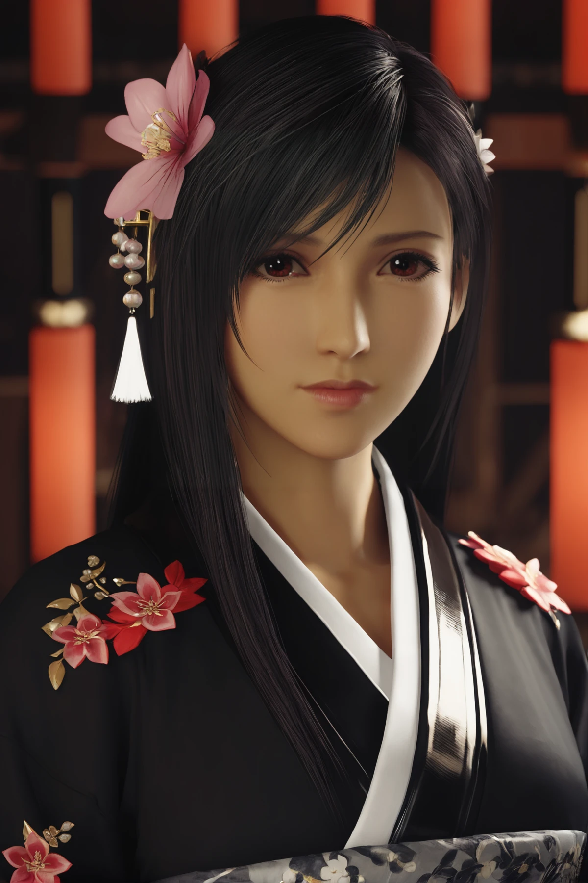 cinematic photo 1girl,tifa7re,tifa_wutai,<lora:tifa_re_sdxl_V1-000006:0.6>,black kimono,japanese clothes,east asian architecture,hair ornament, . 35mm photograph, film, bokeh, professional, 4k, highly detailed