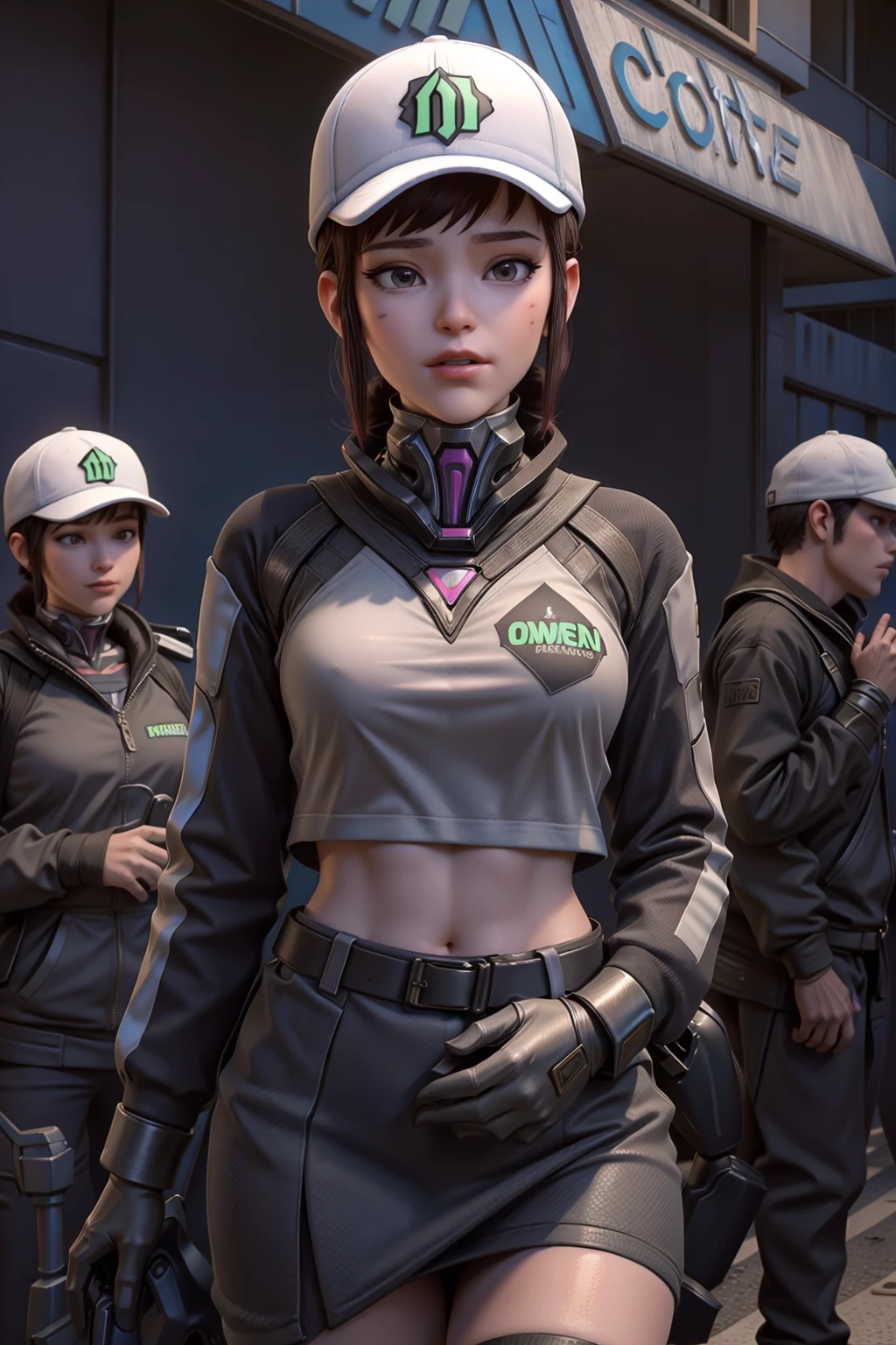 realistic, realism, photorealism, photo-realistic, high contrast, (photorealistic:1.4), 8k high definition detailed realistic, (best quality, masterpiece:1.2), NSFW,  photon mapping, radiosity, physically-based rendering, best quality, highly detailed, 1girl,pat pussy, cameltoe, owdva, d.va \(overwatch\),baceball cap, crop top, skirt,  outside, street, crowd, store, shop, sky,