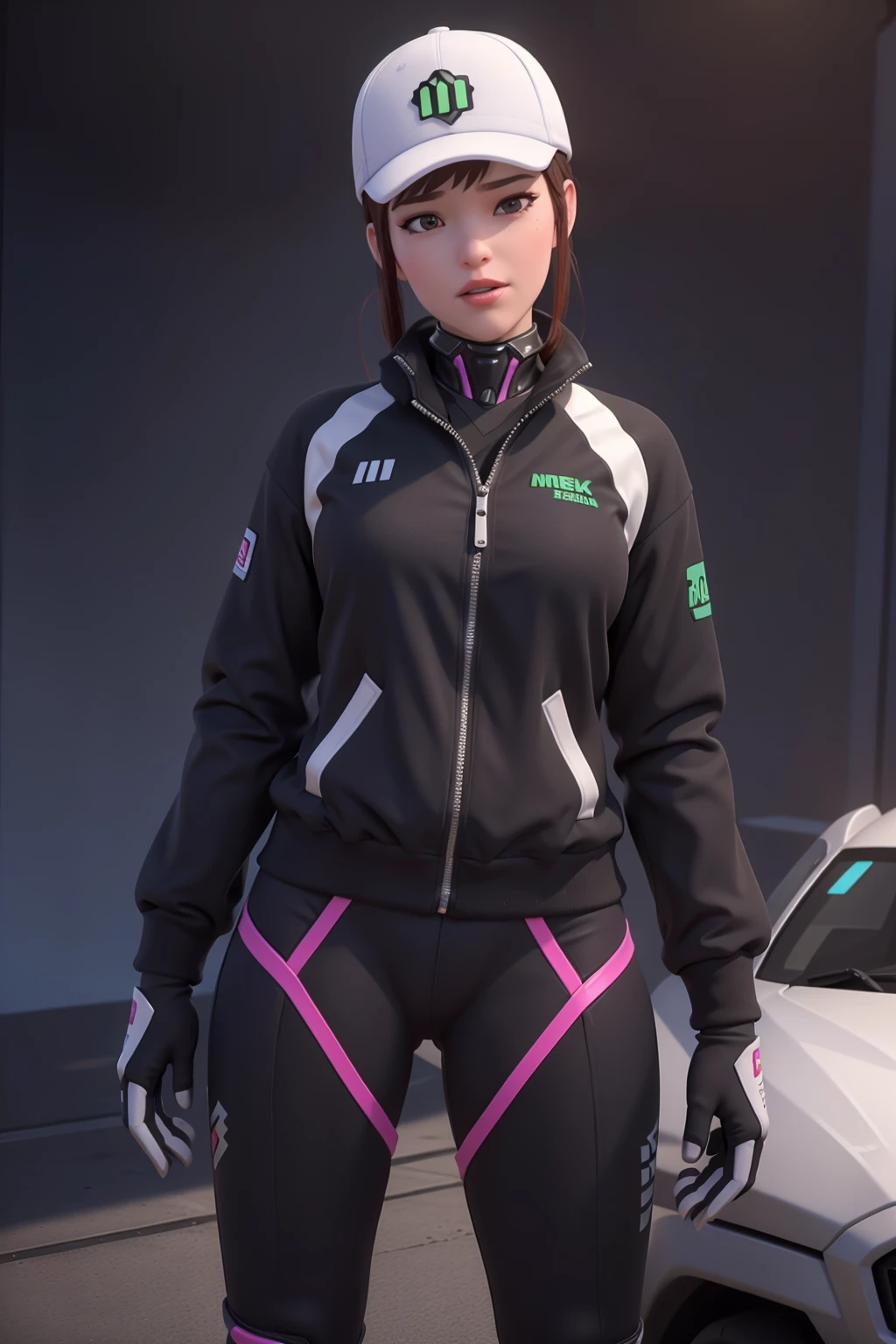 realistic, realism, photorealism, photo-realistic, high contrast, (photorealistic:1.4), 8k high definition detailed realistic, (best quality, masterpiece:1.2), NSFW, photon mapping, radiosity, physically-based rendering, best quality, highly detailed, 1girl,pat pussy, cameltoe, owdva, d.va \(overwatch\),baceball cap,body suit,
