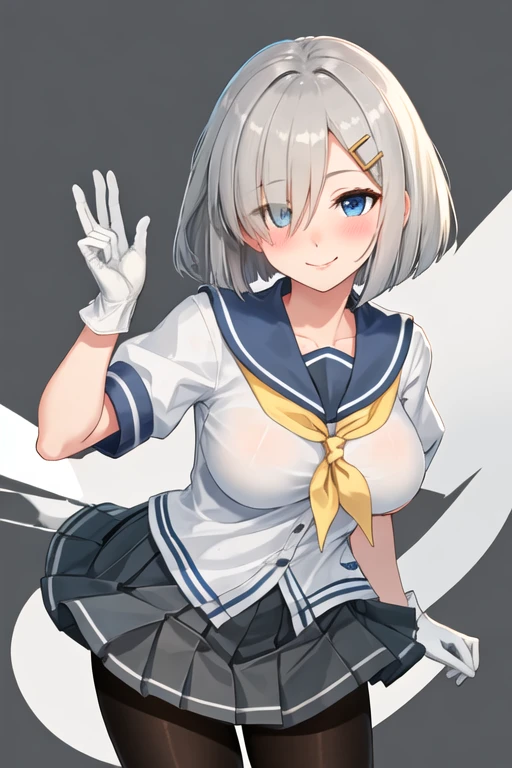 best quality, masterpiece, highres, solo, {hamakaze_kantaicollection:1.15}, blue_eyes, short_hair, grey_hair, hairclip, hair_ornament, hair_over_one_eye, breasts, large_breasts, blush, serafuku, 1girl, gloves, school_uniform, short_sleeves, looking_at_viewer, neckerchief, skirt, white_gloves, pantyhose, pleated_skirt, black_pantyhose, yellow_neckerchief, smile, eyes_visible_through_hair