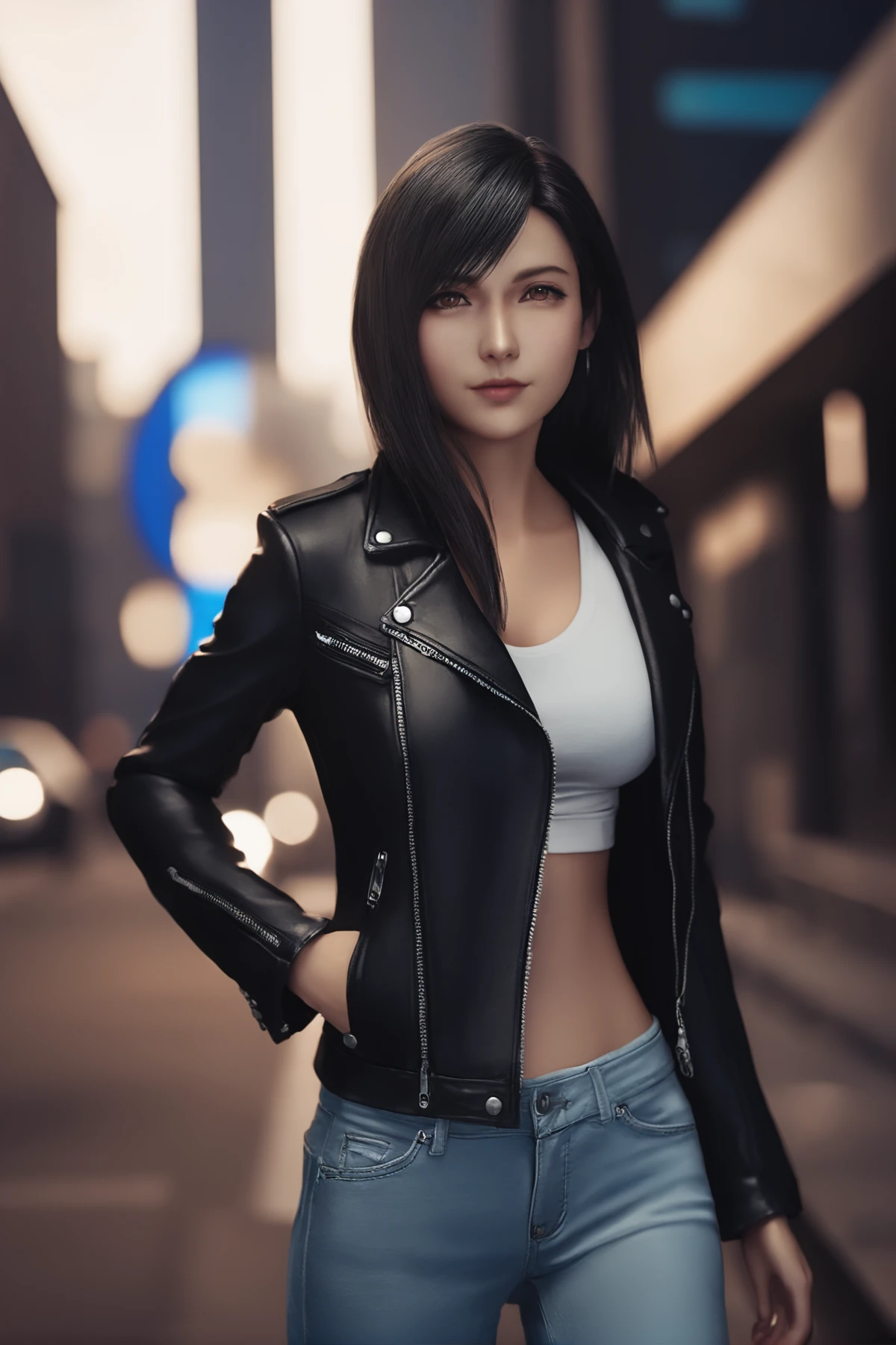 cinematic photo 1girl,tifa7re,upper_body,leather jacket,<lora:tifa_re_sdxl_V1-000006:0.6>,jeans,city, . 35mm photograph, film, bokeh, professional, 4k, highly detailed