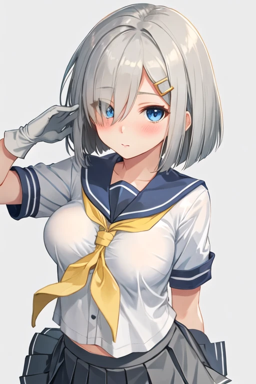 best quality, masterpiece, highres, solo, {hamakaze_kantaicollection:1.15}, blue_eyes, short_hair, grey_hair, hairclip, hair_ornament, hair_over_one_eye, breasts, large_breasts, blush, serafuku, 1girl, school_uniform, short_sleeves, simple_background, skirt, white_background, gloves, neckerchief, pleated_skirt, white_gloves, yellow_neckerchief