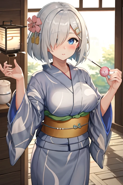best quality, masterpiece, highres, solo, {yukata:1.40}, {kimono:1.20}, {hamakaze_kantaicollection:1.15}, blue_eyes, short_hair, grey_hair, hairclip, hair_ornament, hair_over_one_eye, breasts, large_breasts, blush, serafuku