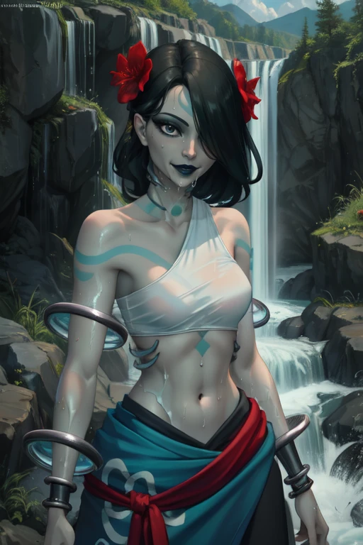 Alani, black hair,hair over one eye,lipstick, neck gills, tattoos , wet, smile,
baggy pants, hair flower, jewelry, white crop top , bare shoulders, sarong, red sash, silver bangles,
waterfall. morning, sea,
standing, upper body,
(insanely detailed, beautiful detailed face, masterpiece, best quality)
<lora:Alani-10v2:0.7>