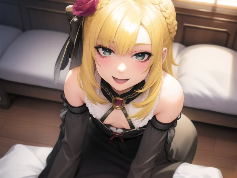 (hyper extreme detailed), (masterpeace), (hyper extreme), (photorealistic), CG, llustration, novel illustration, game cg,(large filesize:0),(doujin cover:0),(decensored:0),(nomal anatomy:1), (perfect anatomy:1), (good anatomy:1.0), (perfect body:1), (reproduced face:1),solo,1girl,indoors,(pregnant:0),(pussy:0),(cum in pussy:0),(impregnation:0),(ahegao smile:0),(completely nude:0),(nude:0), <lora:uzuki_kou_v1:0.9>uzuki_kou,blonde hair,braid,flat chest,clown,black dress,pantyhose,long skirt,standing,