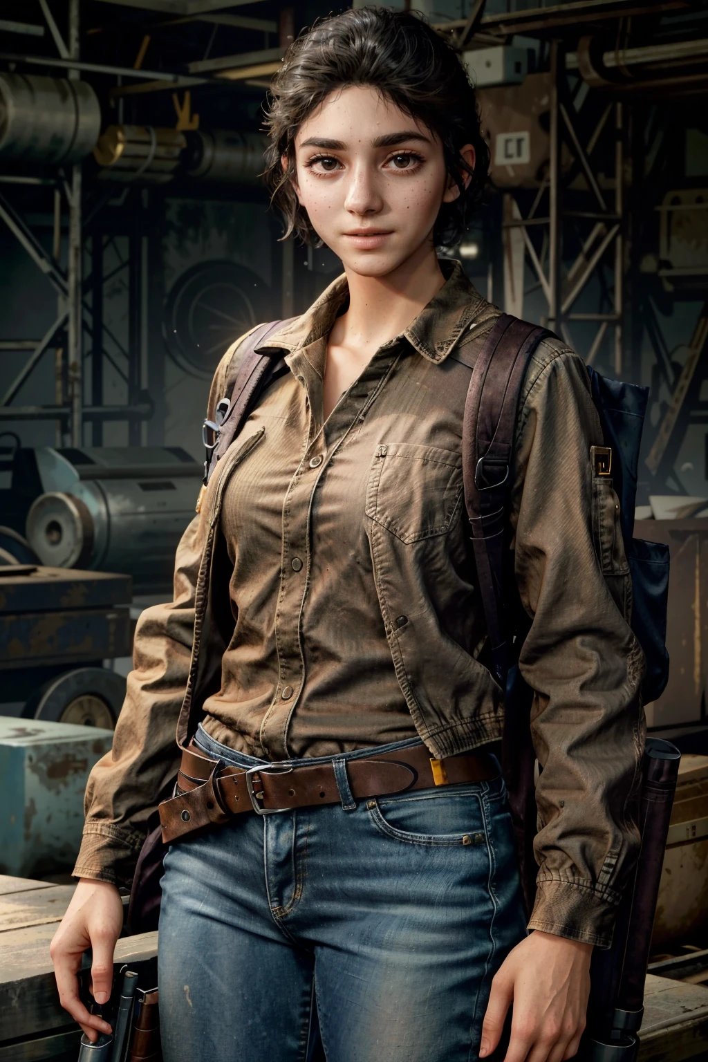 (masterpiece, best quality)
1girl, DinaTLOU2, solo, looking at viewer, smile, short hair, shirt, long sleeves, holding, closed mouth, standing, jacket, weapon, cowboy shot, black hair, brown eyes, open clothes, pants, bag, gun, open shirt, backpack, denim, rifle, freckles, jeans, realistic, arms at sides, brown shirt, flashlight
<lora:epi_noiseoffset2:1>  <lora:add_detail:0.7>   <lora:DinaTLOU2:0.9>