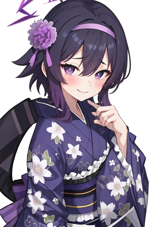 best quality, masterpiece, highres, solo, {haruka_bluearchive:1.15}, purple_hair, bangs, hair_between_eyes, purple_eyes, hair_ornament, halo, blush, hairclip, hat, garrison_cap, 1girl, frills, hair_flower, hairband, japanese_clothes, kimono, looking_at_viewer, obi, official_alternate_costume, sash, simple_background, white_background, wide_sleeves, floral_print, flower, frilled_kimono, long_sleeves, sidelocks, smile, index_fingers_together