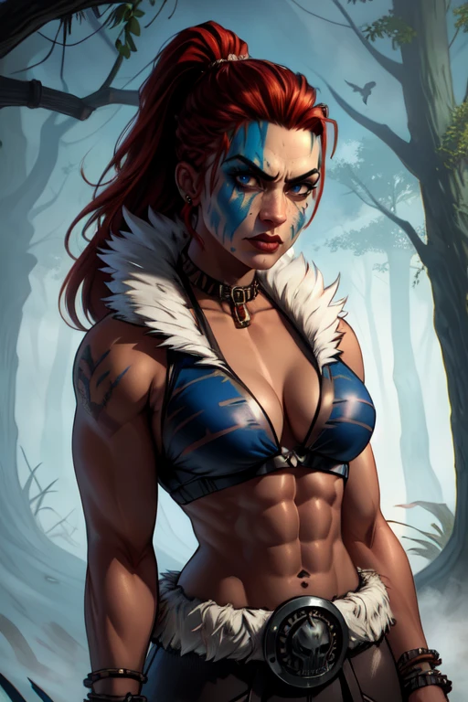 hellion, red ponytail, blue facial tattoo ,blue body tattoos, looking at viewer, serious,
woods, dark,
(insanely detailed, beautiful detailed face, masterpiece, best quality) <lora:hellion-10v2:0.7>