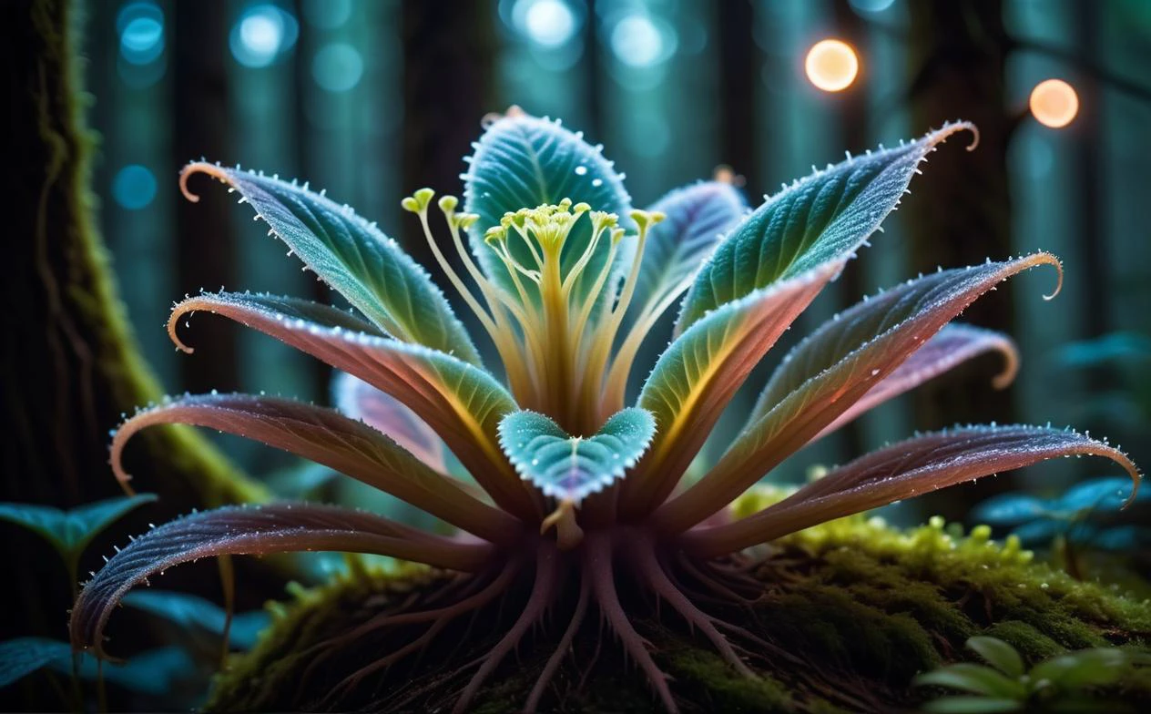 (macro photo), a flesh eating plant with a ethereal complex colors, a mesmerizing bioluminescent forest, high quality photography, 3 point lighting, flash with softbox, 4k, Canon EOS R3, hdr, smooth, sharp focus, high resolution, award winning photo, 80mm, f2.8, bokeh