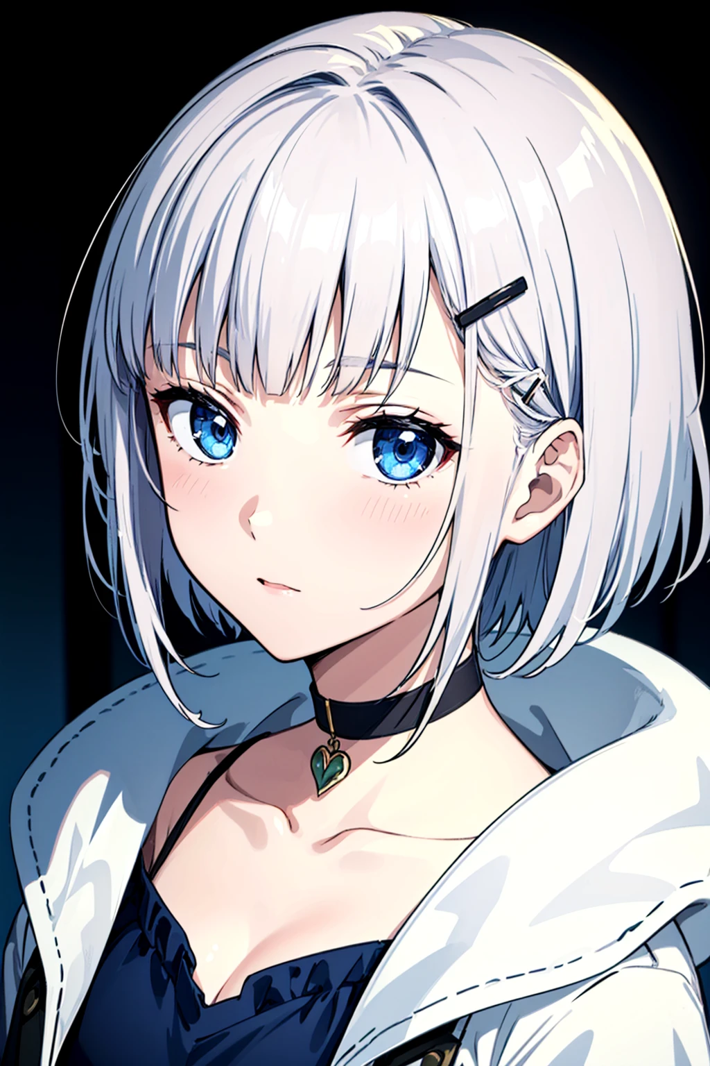 masterpiece, best quality, 1girl,
short hair, blue eyes, silver hair, wavy hair, blunt bangs, hairclip, coat, dress, choker,
depth of field, portrait,