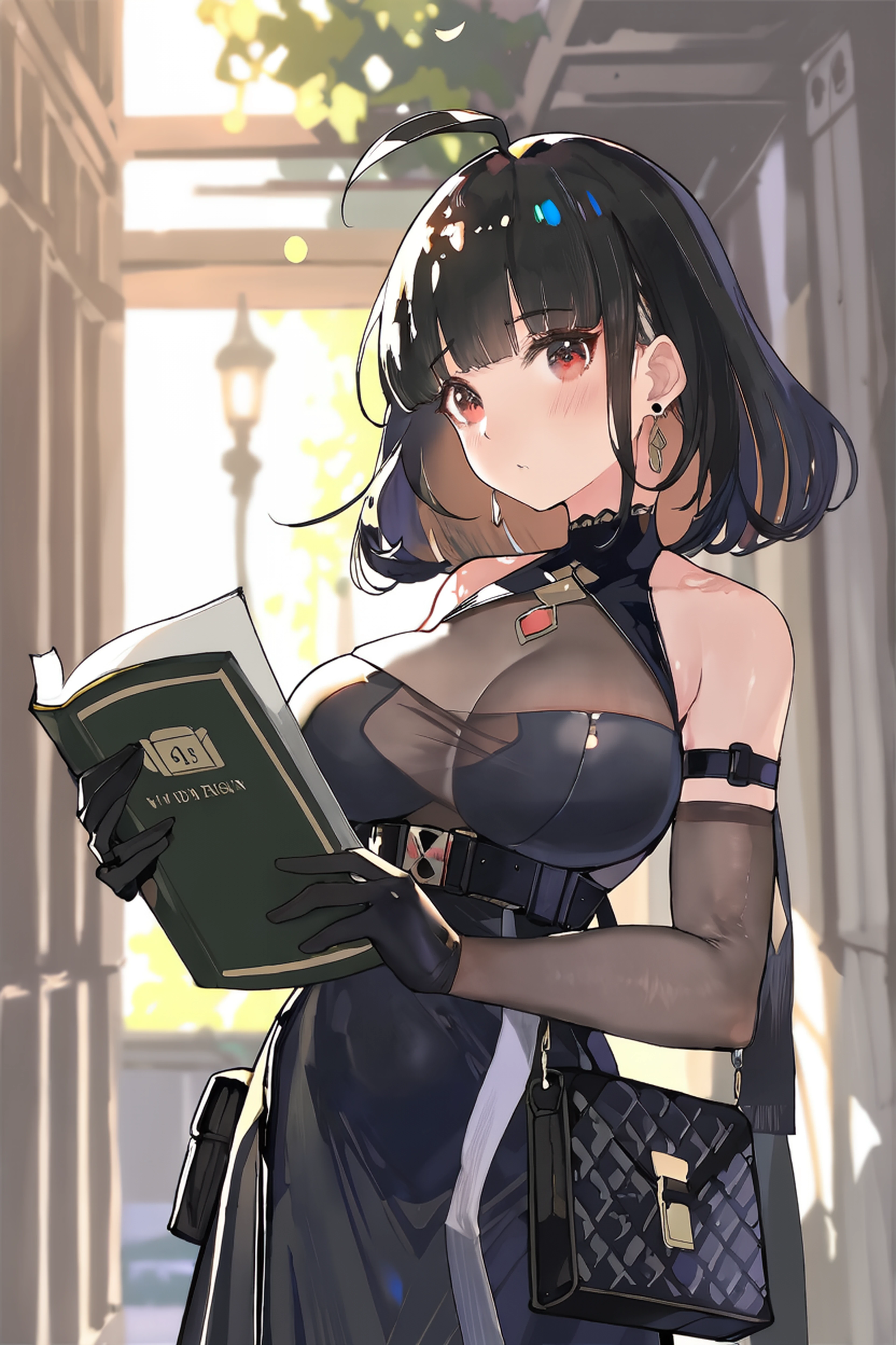 best quality, masterpiece, 
by tedineon, 1girl, breasts, solo, book, red eyes, jewelry, white background, earrings, gloves, large breasts, full body, simple background, holding, black hair, looking at viewer, holding book, black footwear, dress, black dress, standing, black gloves, bodystocking, closed mouth, elbow gloves, see-through, bangs, ahoge, mole, open book, short hair, belt, bag, strap between breasts,
depth of field, blurry, glow, best lighting and shadow, lens flare, stunning color, low contrast