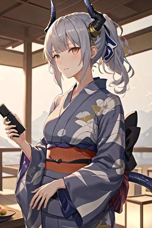 best quality, masterpiece, highres, solo, {yukata:1.40}, {kimono:1.20}, {liskarm_arknights:1.15}, horns, grey_hair, dragon_horns, ponytail, long_hair, bangs, upper_body, brown_eyes, orange_eyes, breasts