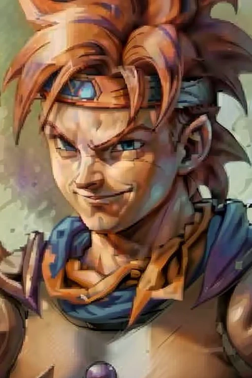 <lora:Baldur's Gate 1 Portraits:0.6>, Baldur's Gate official portrait, character, fantasy_character, 1024x768, male, <lora:Crono_CT:0.6> white headband, spiked hair, crono_ct, solo, 1boy, male focus, red hair, headband, orange neckerchief, cartoon, blue tunic, looking at viewer, smile, bandana, blue eyes, close-up