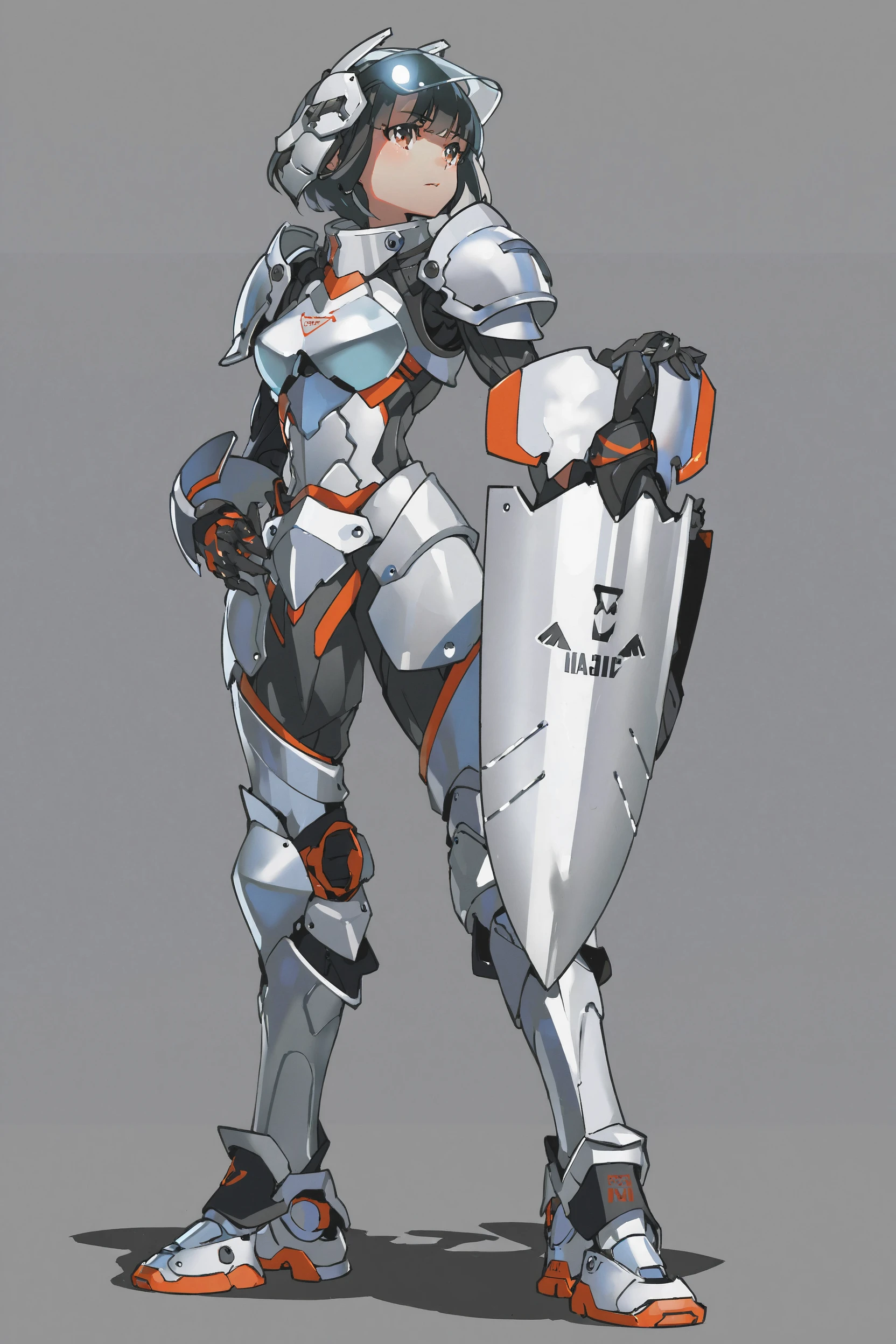 by yoneyama mai, 1girl, shield, solo, armor, weapon, holding shield, wings, black hair, visor (armor), holding, full body, holding weapon, low wings, helmet, shoulder armor, pauldrons
