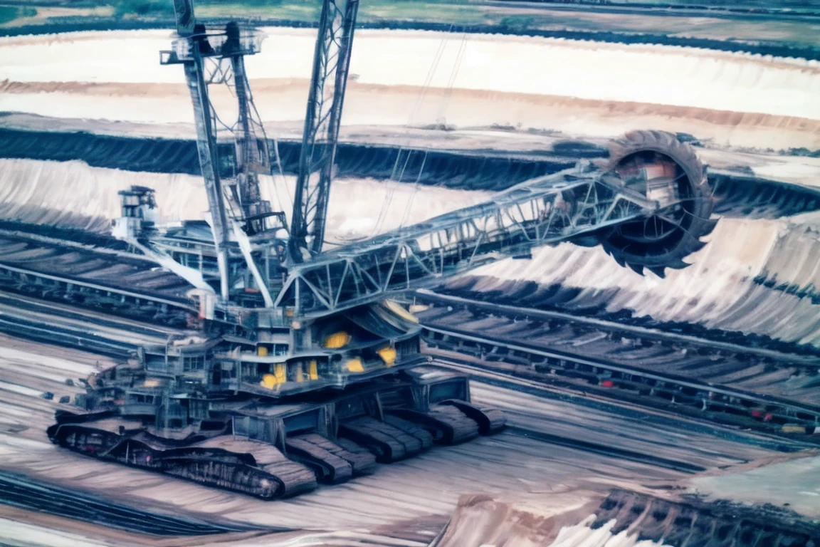 <lora:Bucket_Wheel_Excavator_v1:0.7>, outdoors, sky, vehicle focus, ground vehicle, bridge, machinery, railroad tracks, crane, motor vehicle, wheel