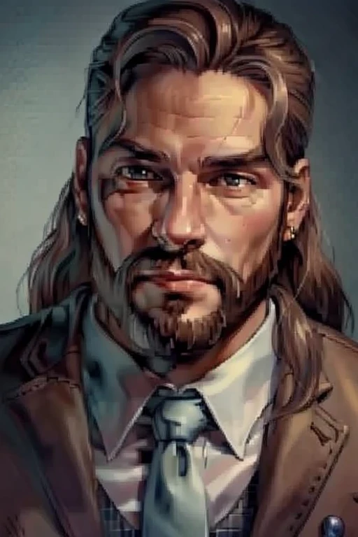 <lora:Baldur's Gate 1 Portraits:0.7>, Baldur's Gate official portrait, character, fantasy_character, 1024x768, male, suit and tie, old, bearded, mullet hairstyle, masterpiece, highest quality, highest quality visuals, highest details