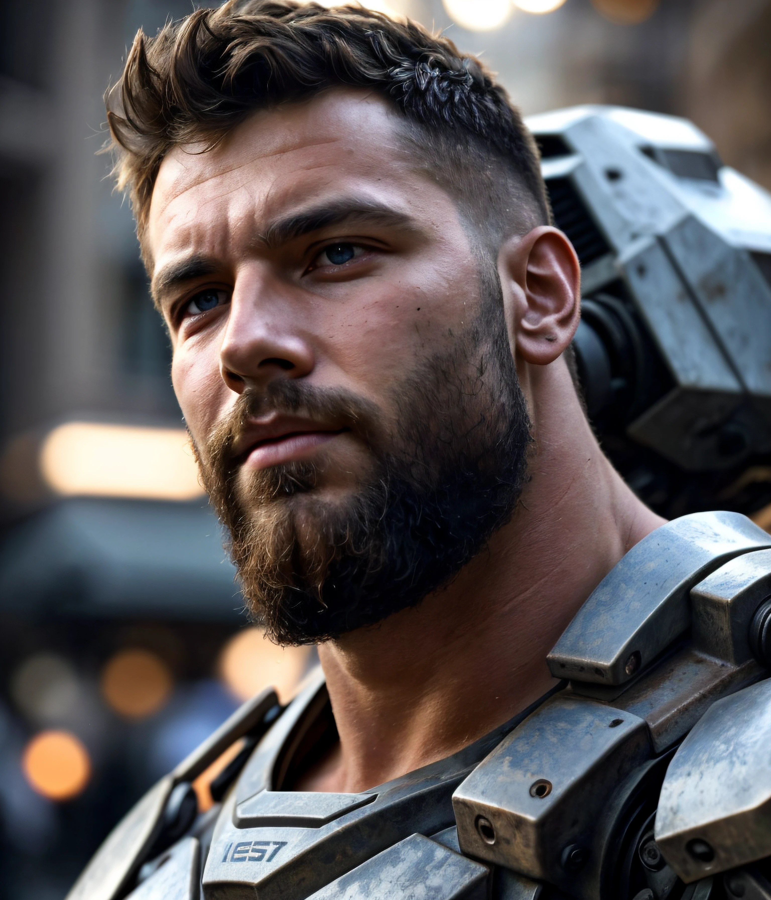 close up Portrait photo of muscular bearded guy in a worn mech suit, ((light bokeh)), intricate, (steel metal [rust]), elegant, sharp focus, photo by greg rutkowski, soft lighting, vibrant colors, masterpiece, ((streets)), detailed face