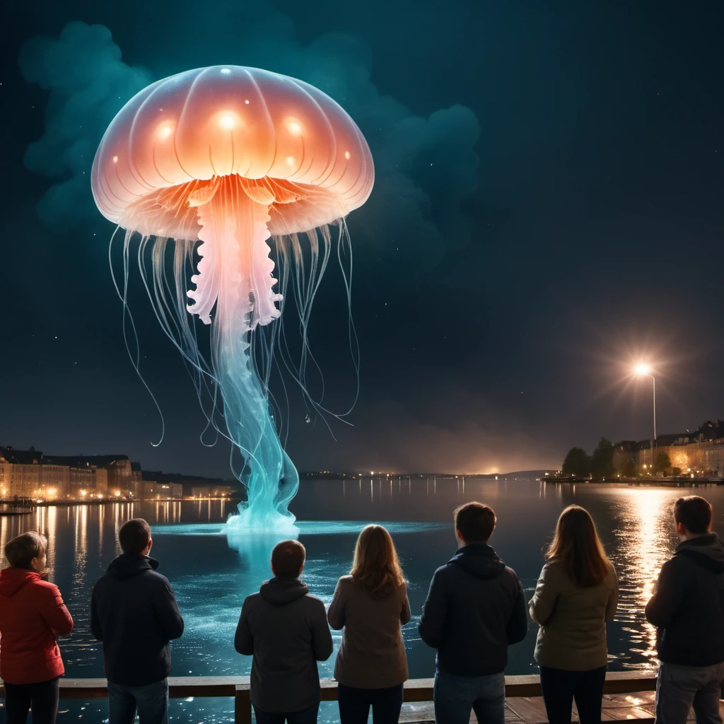 onlookers and reporters at the waterfront are watching an extraterrestrial Mushroom cloud jellyfish creature hovering over a lake in Europe at night, splashing water, sparks, smoke