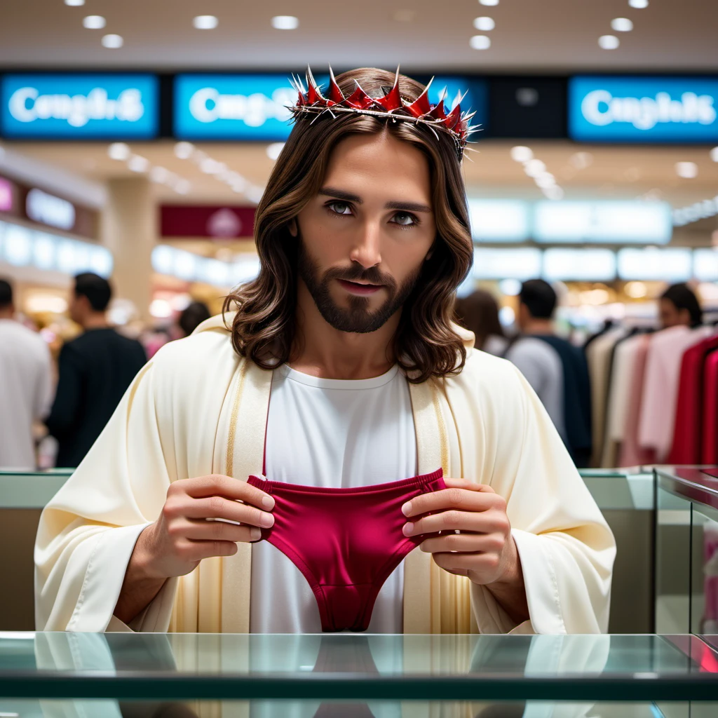 cinematic photo of jesus in the shopping mall, buying panties at the Grabbing table, 35mm photograph, film, bokeh, professional, 4k, highly detailed, Crown of thorns, full body view