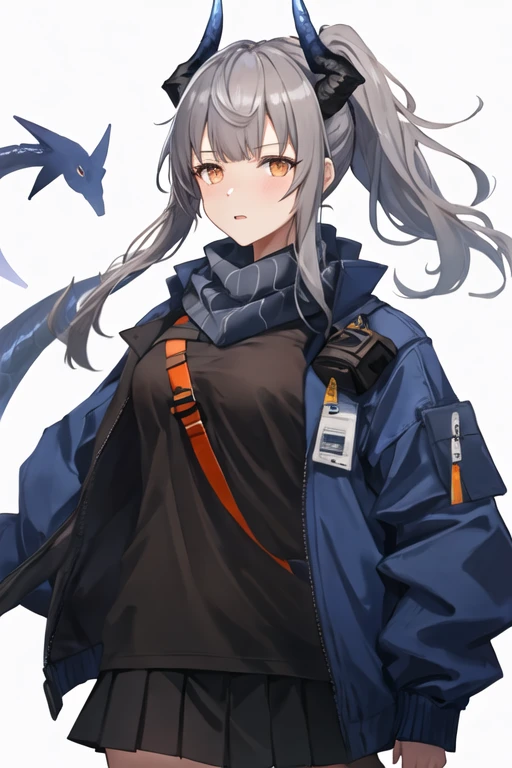 best quality, masterpiece, highres, solo, {liskarm_arknights:1.15}, horns, grey_hair, dragon_horns, ponytail, long_hair, bangs, upper_body, brown_eyes, orange_eyes, breasts, 1girl, blue_jacket, jacket, open_clothes, open_jacket, shirt, looking_at_viewer, closed_mouth, black_shirt, scarf, simple_background, sidelocks, white_background