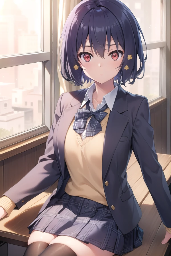aimizuno, <lora:aimizuno-lora-nochekaiser:1>,
ai mizuno, black hair, hair between eyes, (red eyes:1.5), short hair,
BREAK black jacket, black legwear, black neckwear, black skirt, blazer, brown footwear, collared shirt, flower, hair flower, hair ornament, jacket, loafers, long sleeves, miniskirt, open clothes, open jacket, plaid, plaid neckwear, plaid skirt, pleated skirt, school uniform, shirt, shoes, skirt, sweater, white shirt, wing collar, yellow flower, yellow sweater
BREAK looking at viewer, full body,
BREAK indoors, classroom,
BREAK <lyco:GoodHands-beta2:1>, (masterpiece:1.2), best quality, high resolution, unity 8k wallpaper, (illustration:0.8), (beautiful detailed eyes:1.6), extremely detailed face, perfect lighting, extremely detailed CG, (perfect hands, perfect anatomy),
