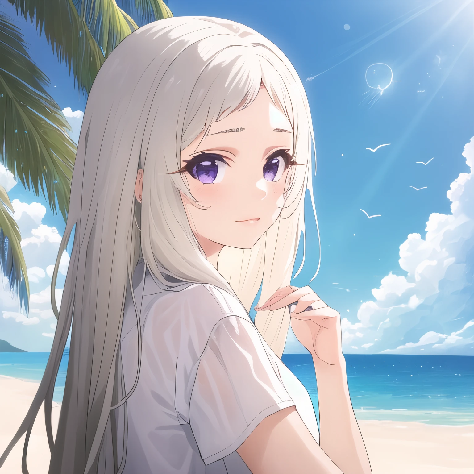 best quality, masterpiece, ultra-detailed,1 girl. solo, yomozuki runa, blonde hair, purple eyes, long hair, beach,