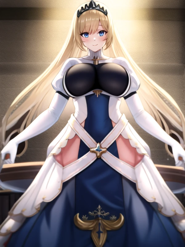(masterpiece), (highest quality), ((Super detailed))、(super delicate)、Cute naughty knight armor girl、Pastel colors hair、(large breasts:1.2, Thighs:1.2, thick legs:1.2, curvy:1.2)、Gorgeous、blonde hair, hair down, bangs between eyes, long hair, blue eyes,(naked:1.3), standard height, (blush:1.2, expressionless), holding sword, garter ring