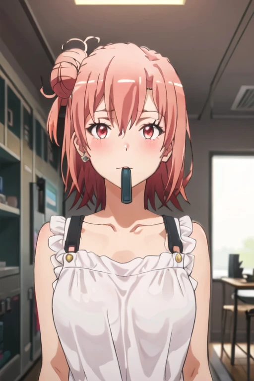 best quality, masterpiece, highres, solo, {yuigahama_yui_yahariorenoseishunlovecomewamachigatteiru:1.15}, short_hair, pink_hair, hair_bun, single_hair_bun, blush, 1girl, collarbone, single_side_bun, bangs, hair_between_eyes, shirt, solo_focus, upper_body, 1boy, looking_at_viewer, closed_mouth, indoors, red_eyes