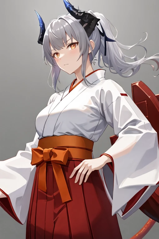 best quality, masterpiece, highres, solo, {white kimono:1.35}, {red hakama:1.35}, {wide sleeves:1.20}, {liskarm_arknights:1.15}, horns, grey_hair, dragon_horns, ponytail, long_hair, bangs, upper_body, brown_eyes, orange_eyes, breasts