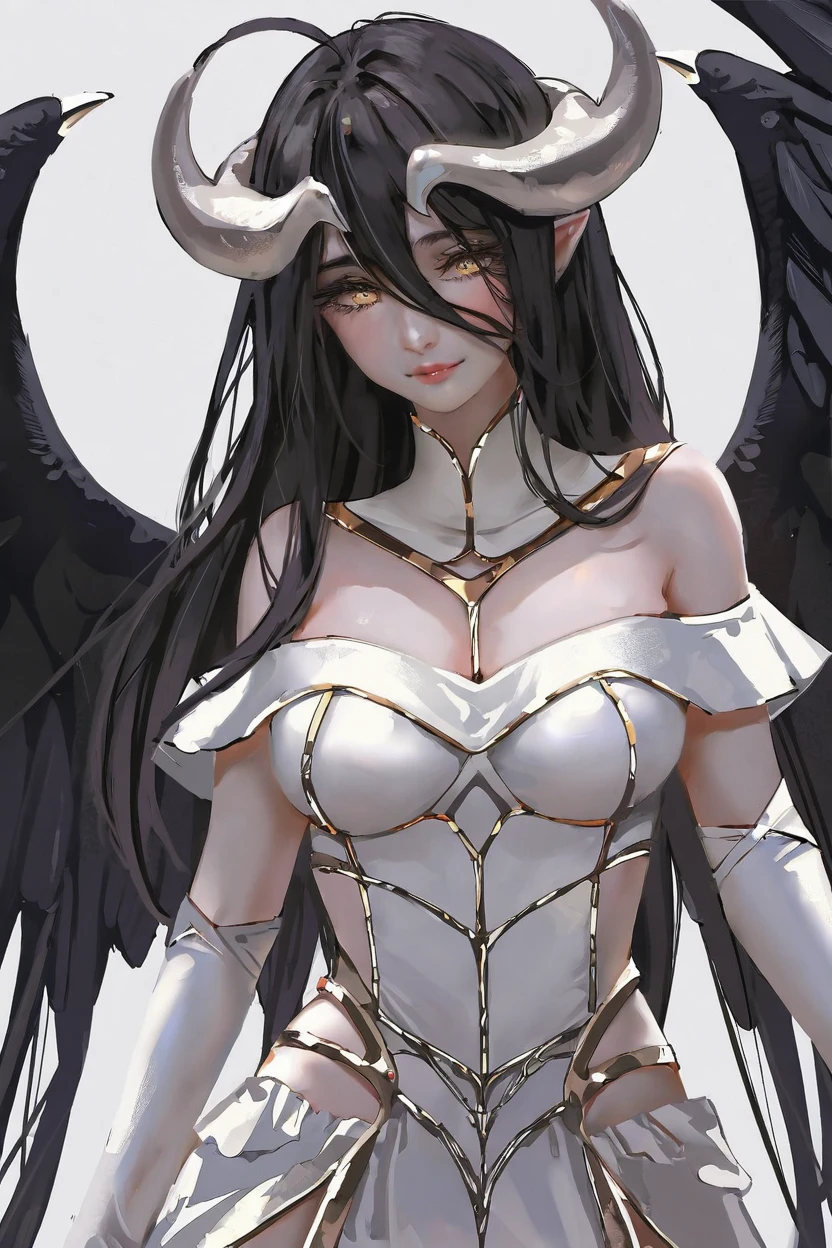 by nixeu, albedo \(overlord\), 1girl, horns, breasts, solo, wings, long hair, gloves, yellow eyes, large breasts, dress, black wings, white gloves, white dress, demon horns, smile, black hair, cleavage, hair between eyes, demon girl, looking at viewer, hip vent, feathered wings, ahoge, slit pupils, low wings, bare shoulders, detached collar, white horns