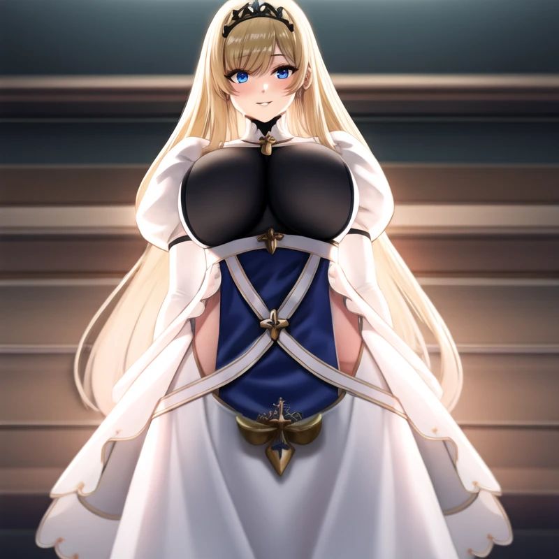 (hyper extreme detailed), (masterpeace), (hyper extreme), (photorealistic), CG, llustration, novel illustration, game cg,(large filesize:0),(doujin cover:1),(decensored:0),(nomal anatomy:1), (perfect anatomy:0), (good anatomy:1.0), (perfect body:0), (reproduced face:1),solo,1girl,indoors,(pregnant:0),(pussy:0),(cum in pussy:0),(impregnation:0),(ahegao smile:0),(spread legs:0),(completely nude:0),(nude:0), standing,arm up, Painleve,blonde hair,tiara,white elbow gloves,long skirt,black shirt,blue
long apron,white long dress,white puffy sleeves, <lora:Painleve_v1:0.99>