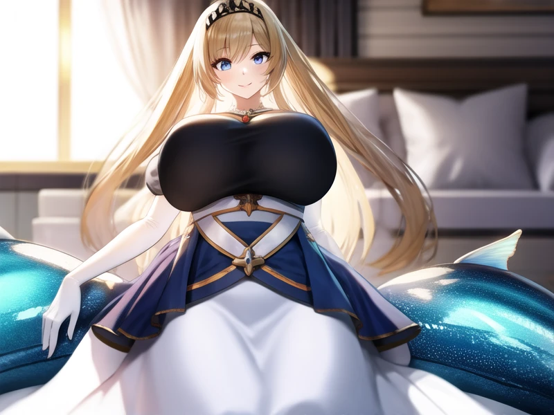 (hyper extreme detailed), (masterpeace), (hyper extreme), (photorealistic), CG, llustration, novel illustration, game cg,(large filesize:0),(doujin cover:1),(decensored:0),(nomal anatomy:1), (perfect anatomy:0), (good anatomy:1.0), (perfect body:0), (reproduced face:1),solo,1girl,indoors,(pregnant:0),(pussy:0),(cum in pussy:0),(impregnation:0),(ahegao smile:0),(spread legs:0),(completely nude:0),(nude:0), standing,arm up, Painleve,blonde hair,tiara,white elbow gloves,long skirt,black shirt,blue
long apron,white Mermaid dress,white puffy sleeves,cowboy shot, <lora:Painleve_v1:0.8>