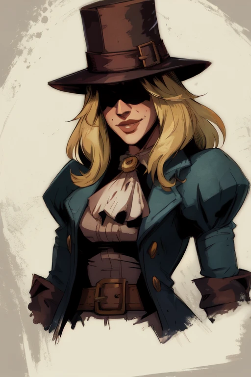 GrveRbber, blond hair, smile, top hat, coat, pants, fingerless gloves, belt, ascot, standing, upper body, woods, dark, graveyard, darkest dungeon, (insanely detailed, beautiful detailed face, masterpiece, best quality) <lora:GraveRobber-10:0.7>