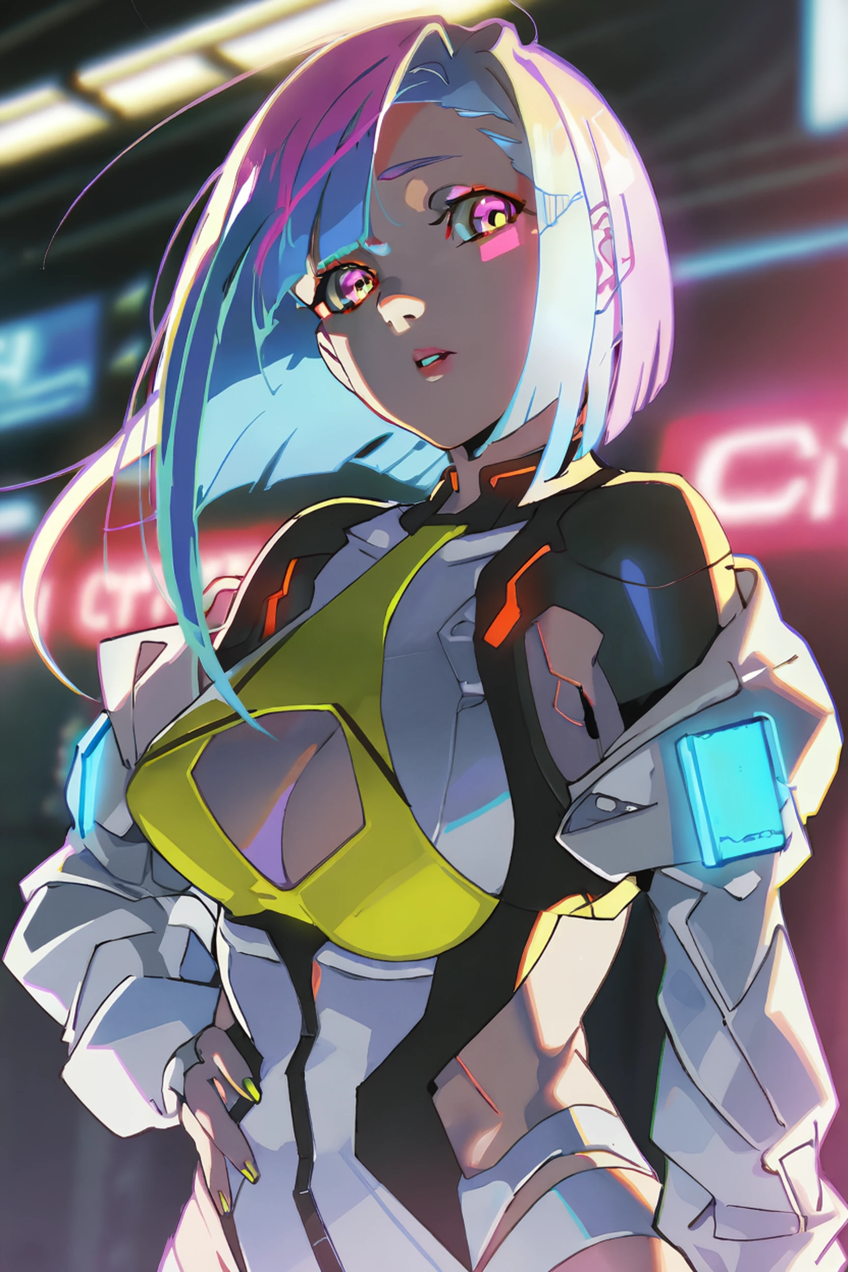 by yoneyama mai, 1girl, lucy \(cyberpunk\), solo, parted lips, short hair, looking at viewer, upper body, bangs, multicolored hair, bodysuit, cyberpunk, black background, depth of field, blurry, stunning color, chromatic aberration, cinematic lighting and shadow, high contrast