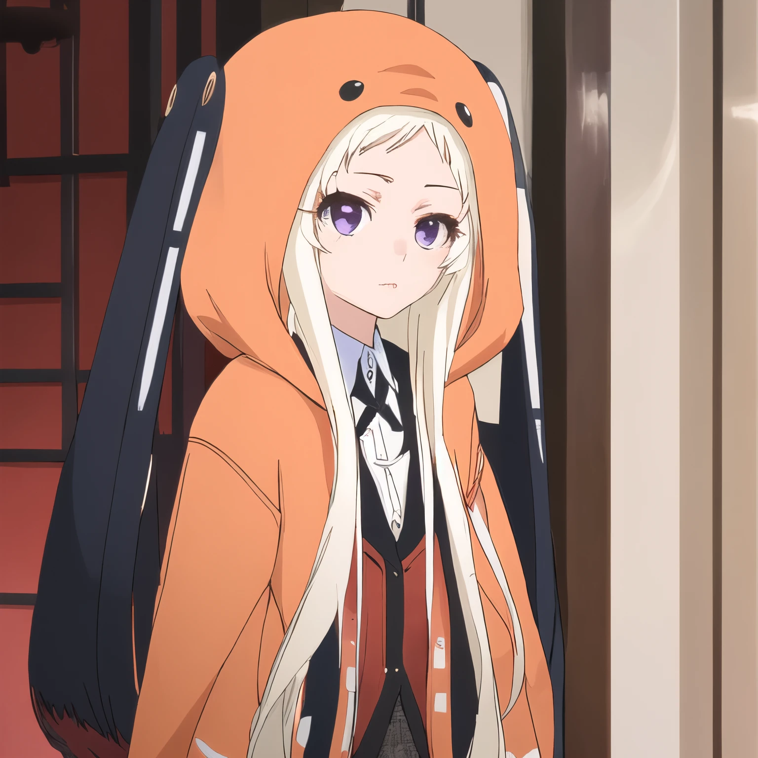 best quality, masterpiece, ultra-detailed,1 girl. solo, yomozuki runa, blonde hair, purple eyes, long hair,  kigurumi, ((black animal ears)), red school uniform,