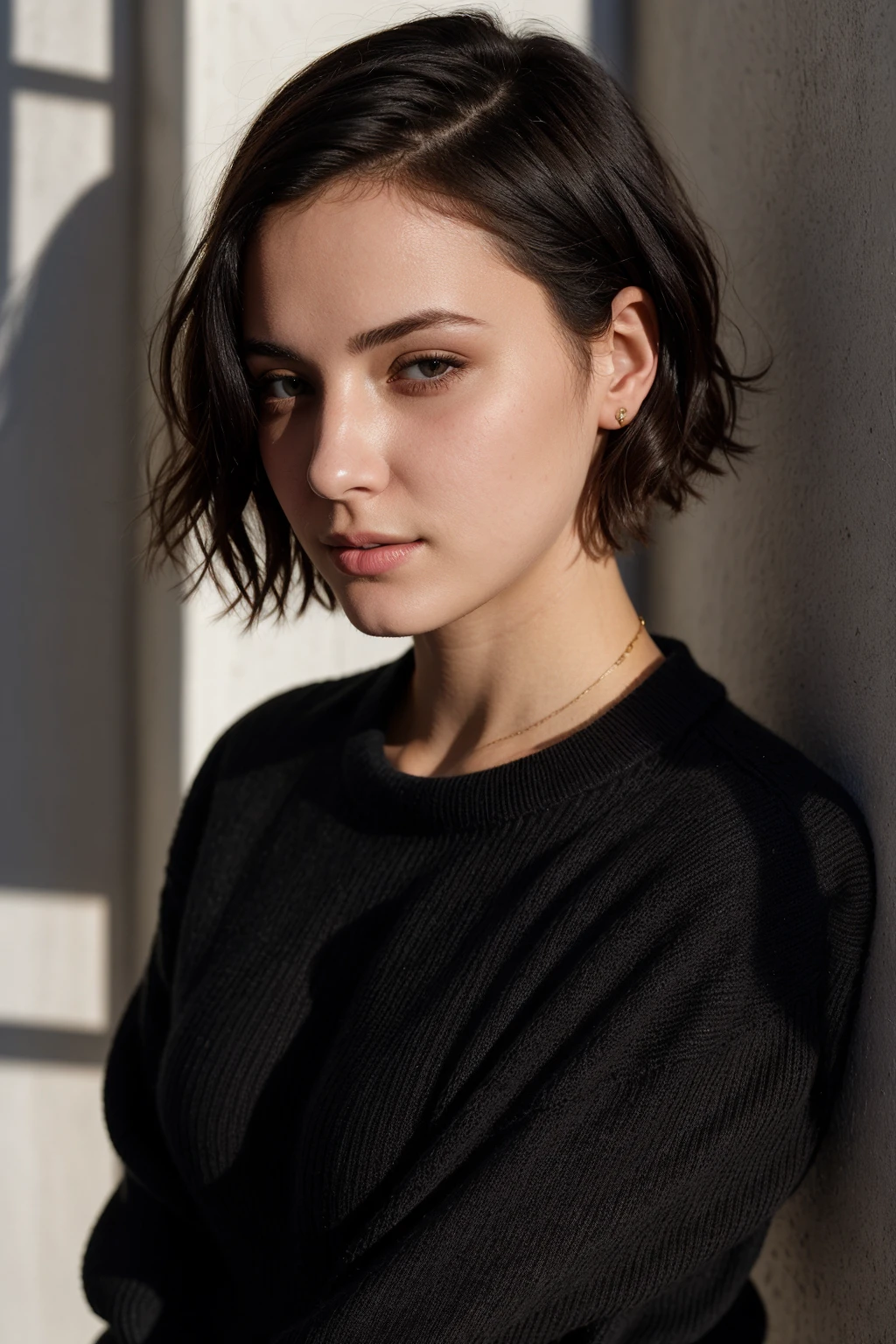 instagram photo, 21yo french woman, short hair, black hair, closeup portrait, sweater, cleavage, pale, hard shadows