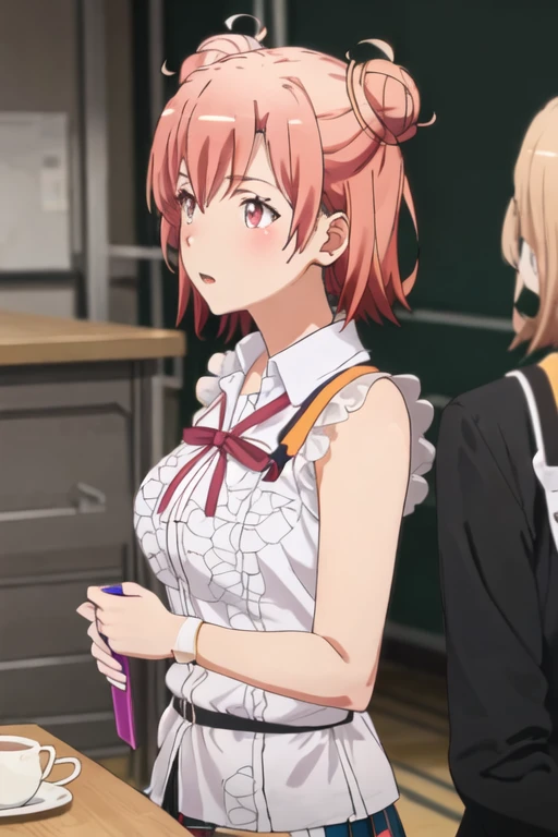 best quality, masterpiece, highres, solo, {yuigahama_yui_yahariorenoseishunlovecomewamachigatteiru:1.15}, short_hair, pink_hair, hair_bun, single_hair_bun, blush