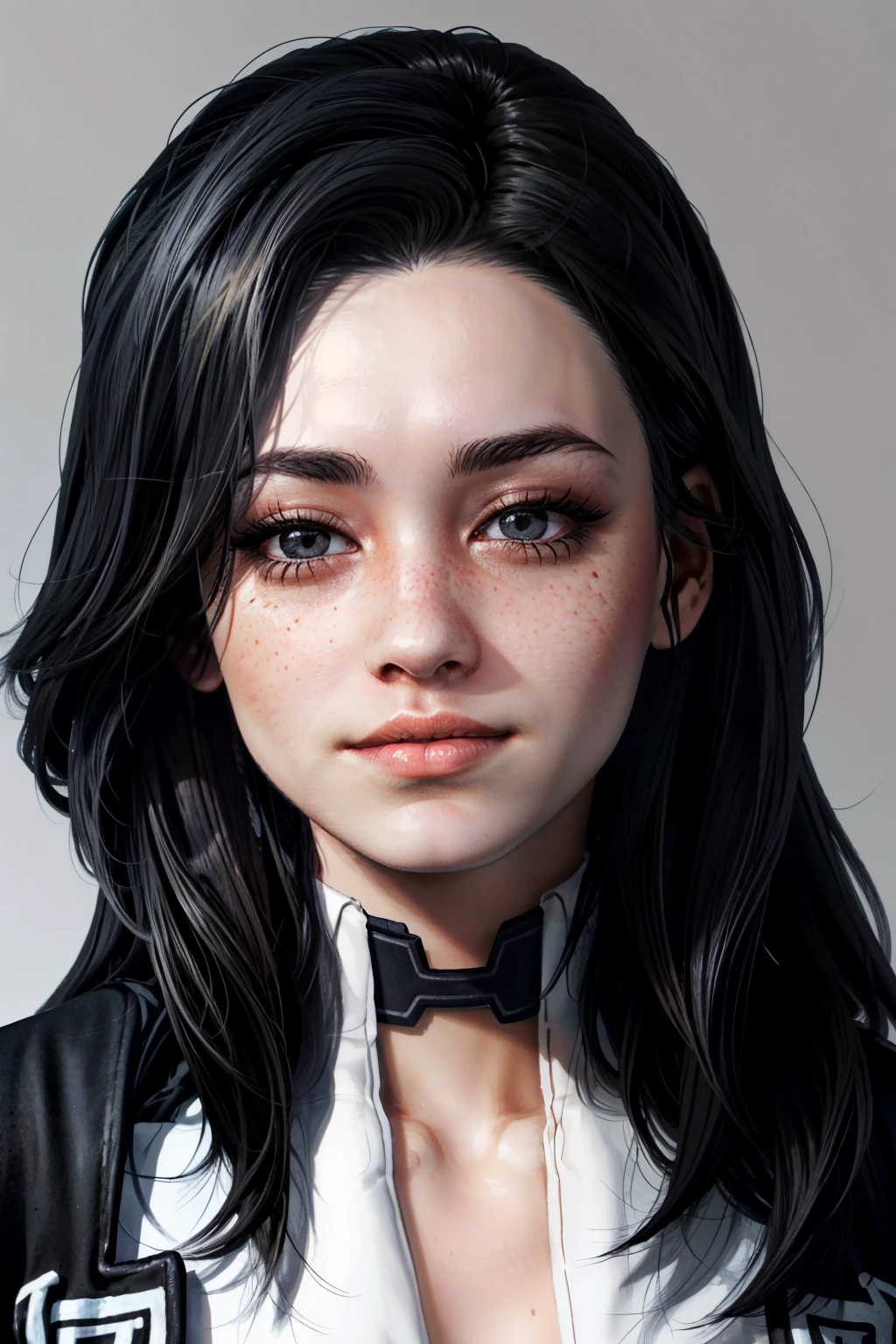 (masterpiece, best quality), <lora:epi_noiseoffset2:1>, <lora:add_detail:0.7>, <lora:MirandaME:0.9>,
MirandaME, 1girl, solo, long hair, looking at viewer, simple background, black hair, closed mouth, upper body, heart, grey background, black eyes, from side, lips, looking to the side, grey eyes, black shirt, portrait, forehead, freckles, realistic, nose