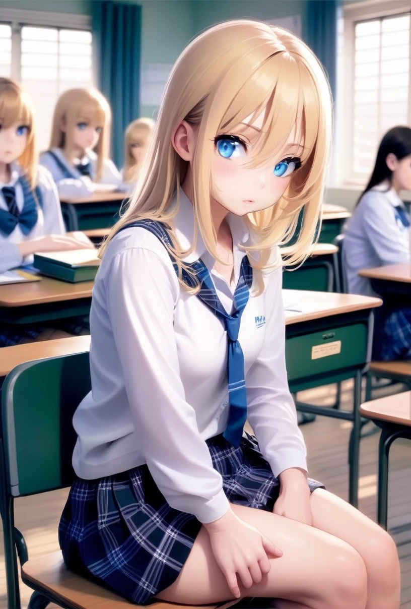 1girl, blue eyes, blonde hair, medium breasts, medium hair, school uniform, sitting, classroom,