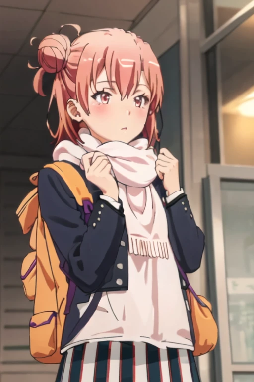 best quality, masterpiece, highres, solo, {yuigahama_yui_yahariorenoseishunlovecomewamachigatteiru:1.15}, short_hair, pink_hair, hair_bun, single_hair_bun, blush, 1girl, bag, jacket, scarf, sobu_high_school_uniform, white_scarf, coat, school_uniform, backpack