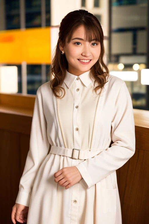 1girl,(wearing a swing dress:1.2),(RAW photo, best quality), (realistic, photo-realistic:1.4), masterpiece, an extremely delicate and beautiful, extremely detailed, 2k wallpaper, Amazing, finely detail, extremely detailed CG unity 8k wallpaper, ultra-detailed, highres, soft light, beautiful detailed girl, extremely detailed eyes and face, beautiful detailed nose, beautiful detailed eyes,cinematic lighting,(city at night),perfect anatomy,(Close up:1.4),(look at viewer from front),cinematic angle,slender body,(wide smile),(wavy hair), <lora:wakayamashion_lora-04:0.8>