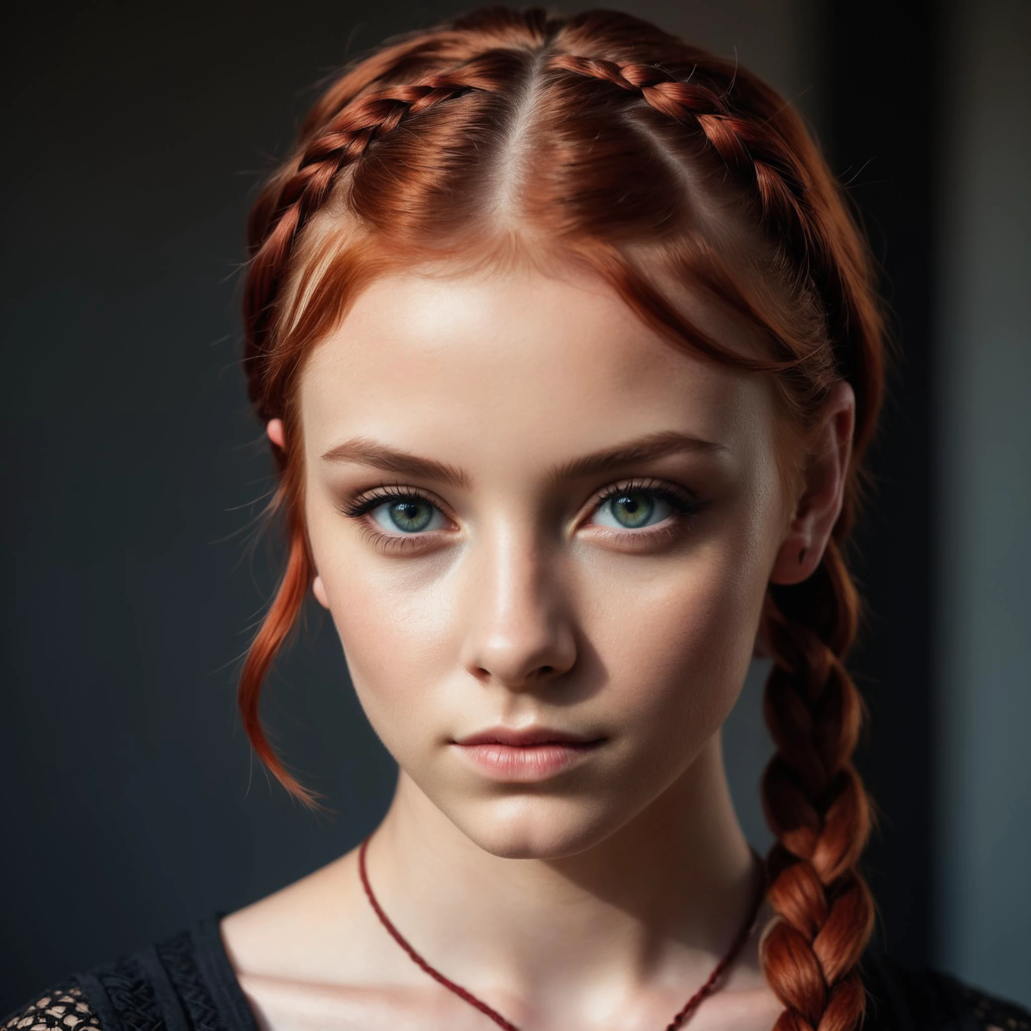 photo of 18 y.o woman, perfect eyes, short red hair, braid, looks at viewer, cinematic shot, hard shadows