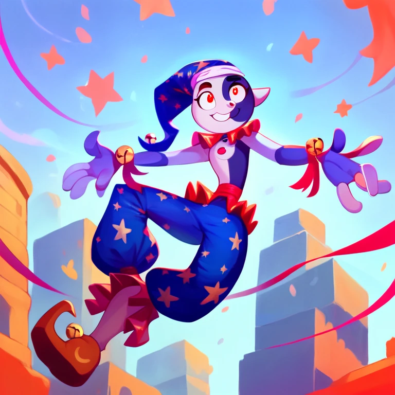 best quality, ultra-detailed, best illustration, masterpiece, high res (1boy:1.3), ((crossdresser)), (((1boy)))), (((solo))), ((((alone)))), ((lomg dark brown hair)), ((fully enclosed smiling white jester helmet)), ((blue glowing eyes)), ((jester hat)), (((faceless))), (((no face))), (((hidden face))), ((((brown skin)))), wide hips, narrow waist, thick thighs, standing in a circus tent, ((flat chest)), visible bulge, (((full body skin tight colourful(white blue red) jester suit with star decals))), (red boots), ((tall))