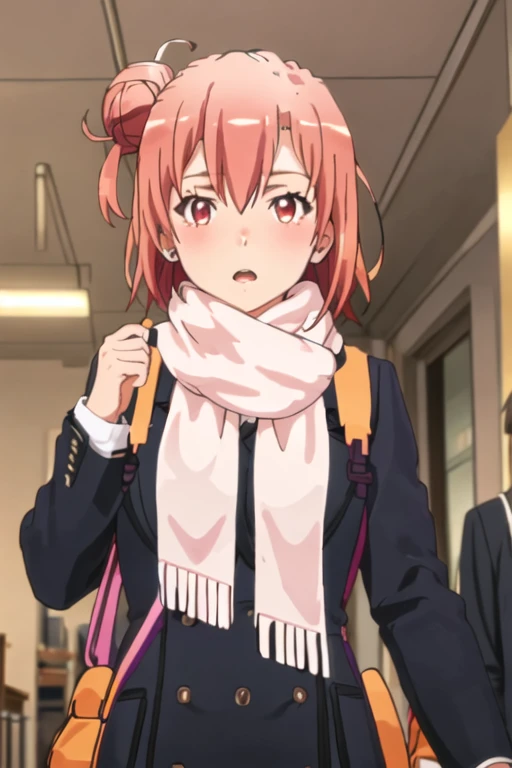 best quality, masterpiece, highres, solo, {yuigahama_yui_yahariorenoseishunlovecomewamachigatteiru:1.15}, short_hair, pink_hair, hair_bun, single_hair_bun, blush, 1girl, red_eyes, bangs, scarf, hair_between_eyes, open_mouth, upper_body, plaid