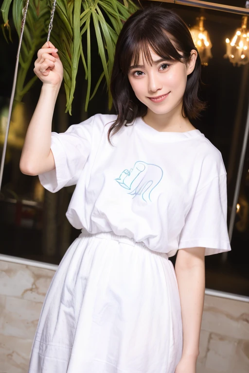 1girl,(wearing a swing white dress:1.2),(RAW photo, best quality), (realistic, photo-realistic:1.4), masterpiece, an extremely delicate and beautiful, extremely detailed, 2k wallpaper, Amazing, finely detail, extremely detailed CG unity 8k wallpaper, ultra-detailed, highres, soft light, beautiful detailed girl, extremely detailed eyes and face, beautiful detailed nose, beautiful detailed eyes,cinematic lighting,(city at night),perfect anatomy,(upper body:1.4),(look at viewer from front),cinematic angle,(wide smile),(wavy hair), <lora:natsuyoshiyuuko_lora-01:0.8>