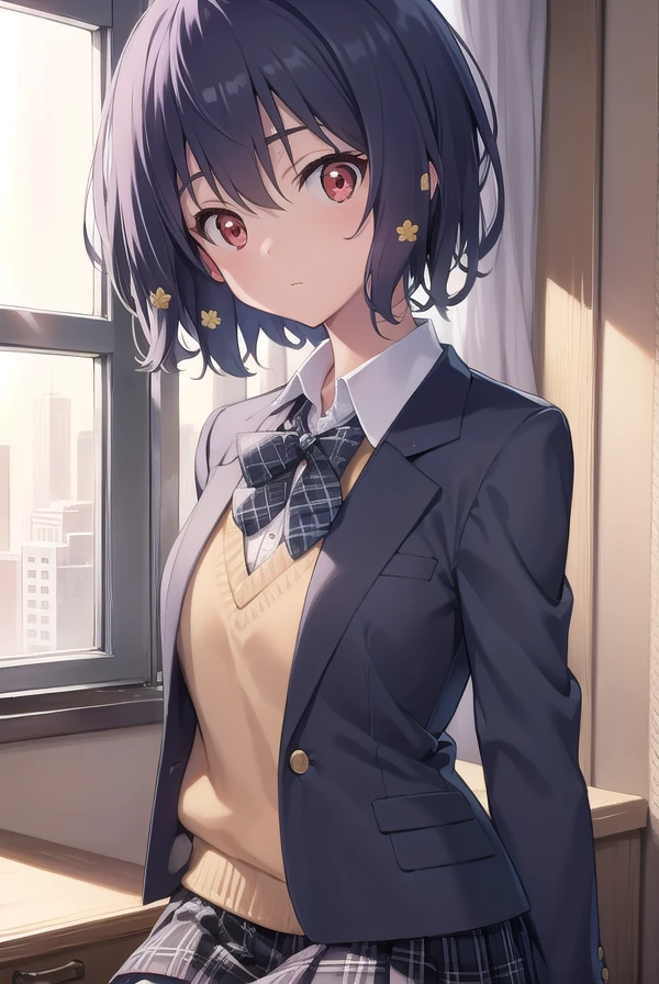 aimizuno, <lora:aimizuno-lora-nochekaiser:1>,
ai mizuno, black hair, hair between eyes, (red eyes:1.5), short hair,
BREAK black jacket, black legwear, black neckwear, black skirt, blazer, brown footwear, collared shirt, flower, hair flower, hair ornament, jacket, loafers, long sleeves, miniskirt, open clothes, open jacket, plaid, plaid neckwear, plaid skirt, pleated skirt, school uniform, shirt, shoes, skirt, sweater, white shirt, wing collar, yellow flower, yellow sweater
BREAK looking at viewer, full body,
BREAK indoors, classroom,
BREAK <lyco:GoodHands-beta2:1>, (masterpiece:1.2), best quality, high resolution, unity 8k wallpaper, (illustration:0.8), (beautiful detailed eyes:1.6), extremely detailed face, perfect lighting, extremely detailed CG, (perfect hands, perfect anatomy),